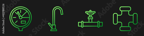 Set line Industry pipe and valve, Water meter, Water tap and Industry metallic pipe. Gradient color icons. Vector.