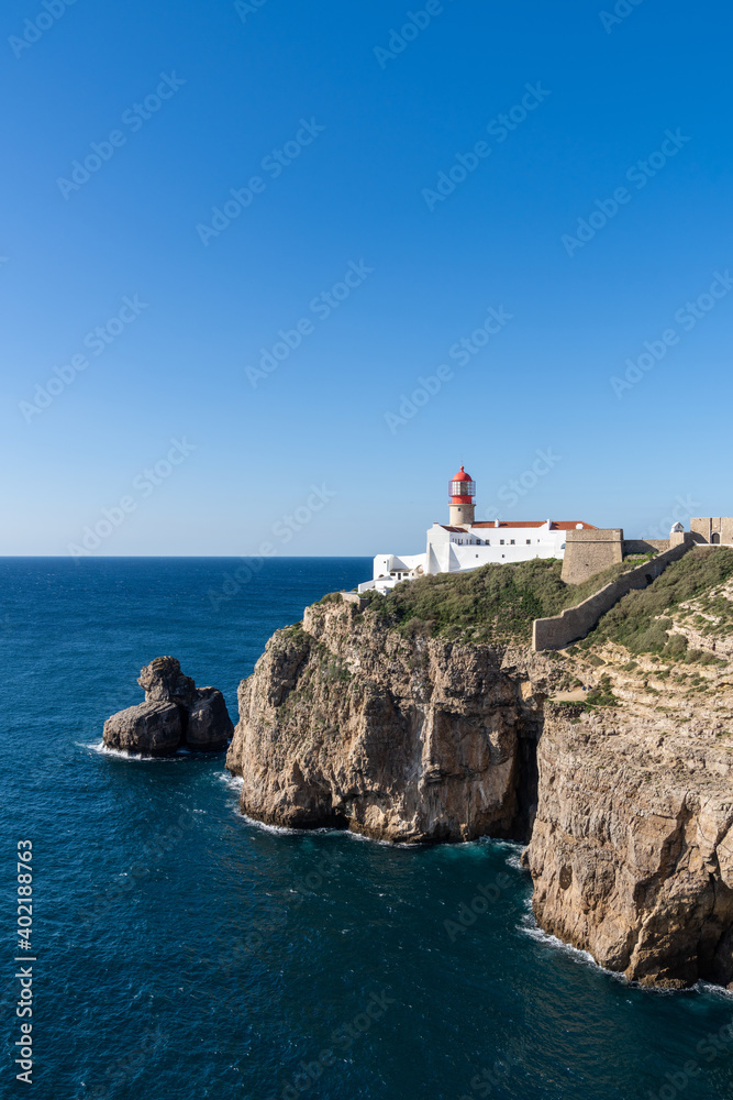 vertical view of the lighthouse at Cabo da Sao Vicente on the Algarve coast of Portugal