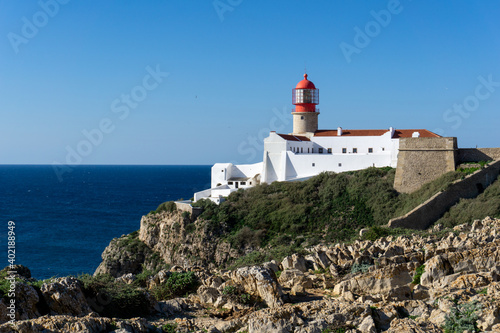 view of the lighthouse at Cabo da Sao Vicente on the Algarve coast of Portugal