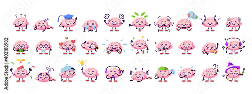 Set of brain cartoons with different emotions - Vector illustration