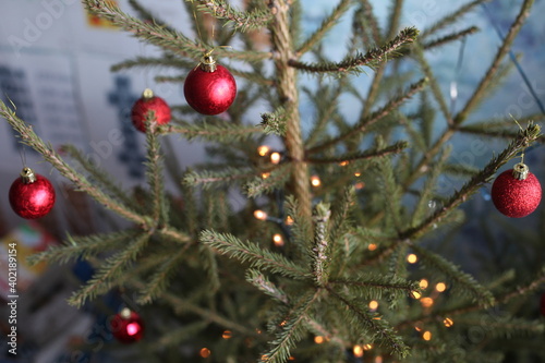 red christmas balls and lightning garland on a fir tree