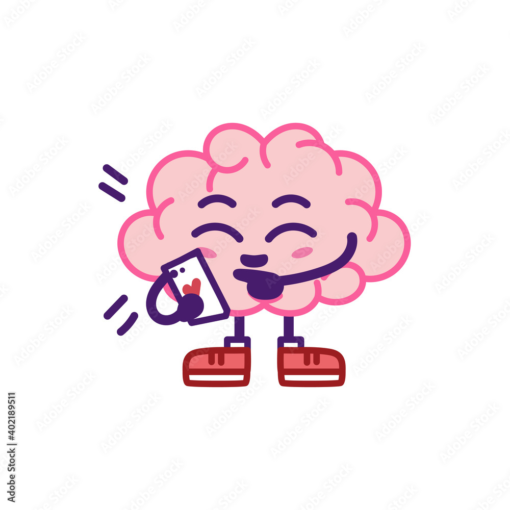 Isolated brain cartoon with a smartphone - Vector illustration