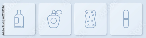 Set line Bottle of shampoo, Sponge with bubbles, Perfume and Nail file. White square button. Vector.