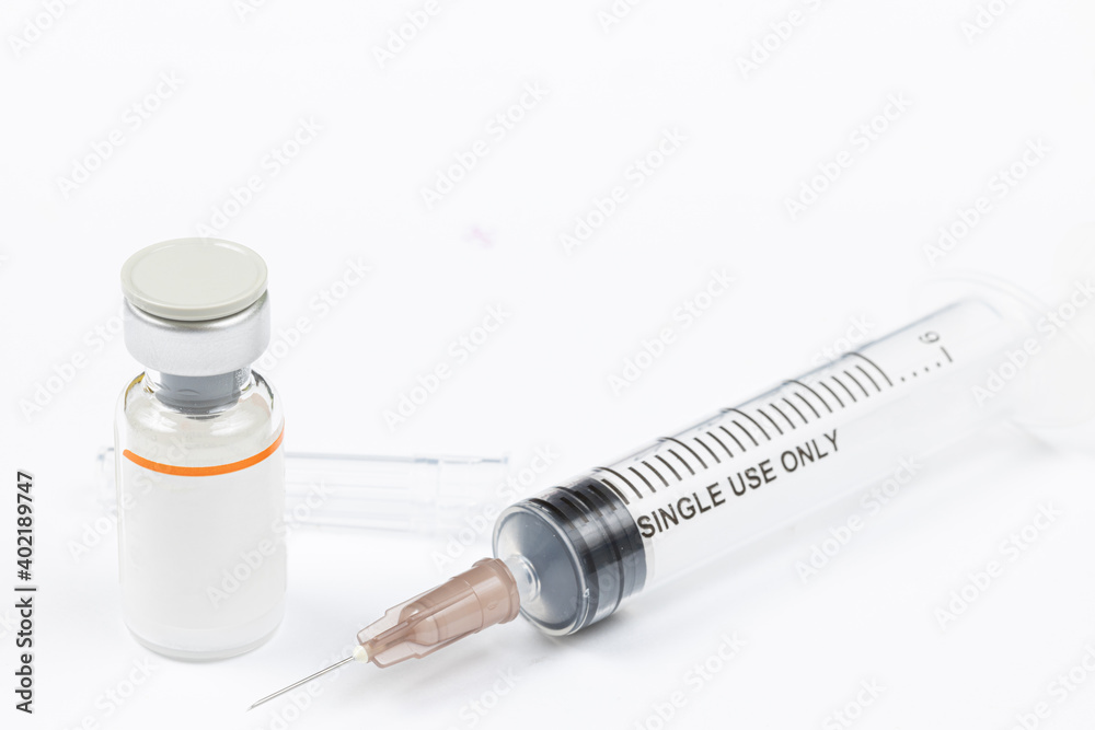 Vaccine bottle above white background with copy space Covid19 Coronavirus