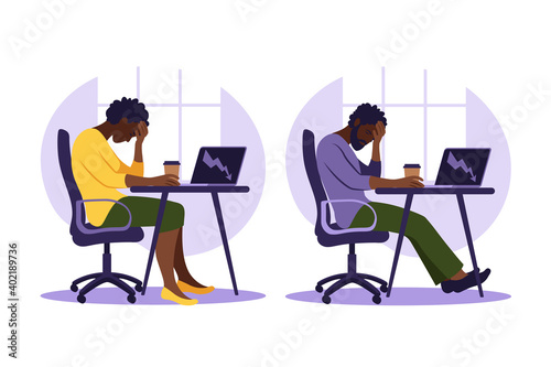 Professional burnout syndrome. Illustration tired african female and man office worker sitting at the table. Frustrated worker, mental health problems. Vector illustration in flat style.