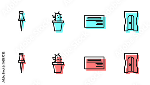 Set line Business card, Push pin, Cactus and succulent pot and Pencil sharpener icon. Vector.
