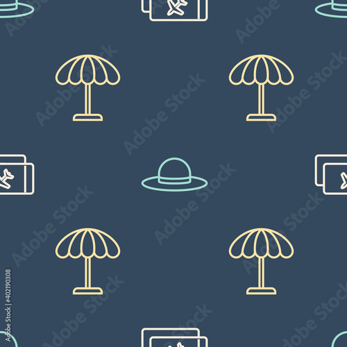 Set line Airline ticket, Sun protective umbrella for beach and Elegant women hat on seamless pattern. Vector.