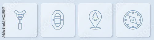 Set line Sausage on the fork, Location of forest, Rafting boat and Compass. White square button. Vector.
