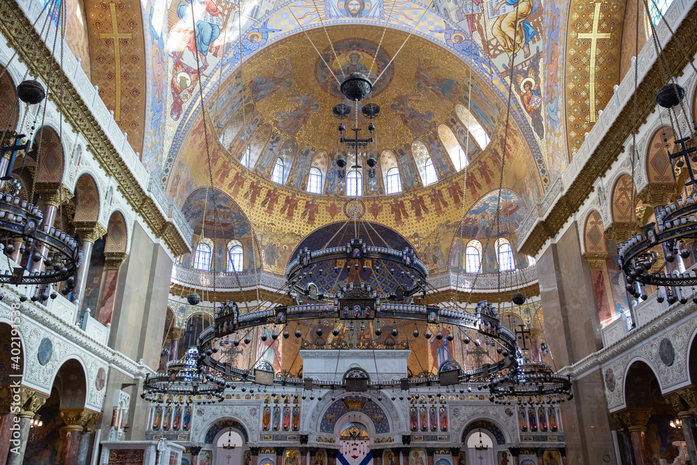 Interior of the Naval Nikolsky Cathedral in Kronstadt. Saint Nicholas the Wonderworker. Russia, St. Petersburg, Kronstadt, October 1, 2020.