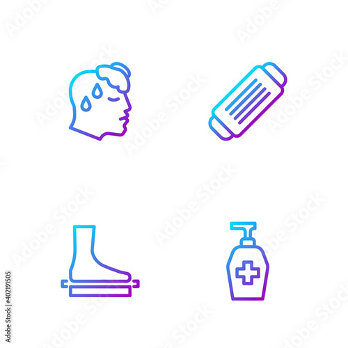 Set line Liquid antibacterial soap, Flat foot, High human body temperature and Medical protective mask. Gradient color icons. Vector.