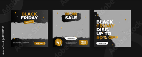 Set of editable templates for Instagram post, Facebook square frame, Black Friday, social media, advertisement, and business promotion, fresh design with black gold color and minimalist vector (1/3)