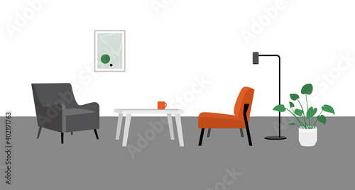 Modern interior of the living room in the style of minimalism. Room for business meetings and negotiations. Two chairs are opposite each other, between them a coffee table. 