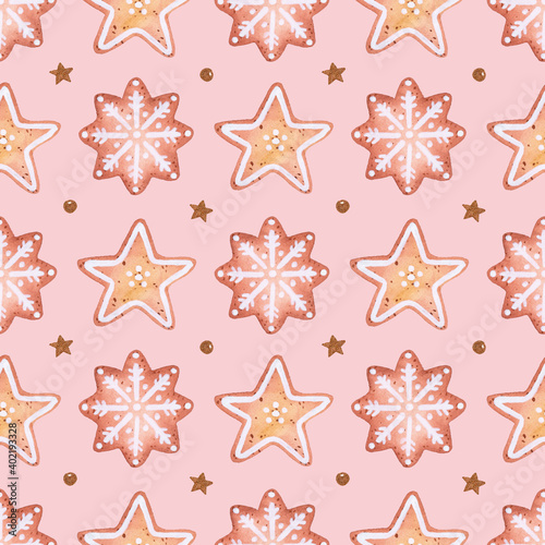 Christmas cookies with frosting watercolor seamless pattern on pink background