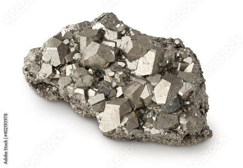 Lump of natural pyrite mineral with dodecahedral shaped crystals isolated on white background photo