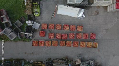 Arial shot decending down on Apple Orchard Bins from above photo