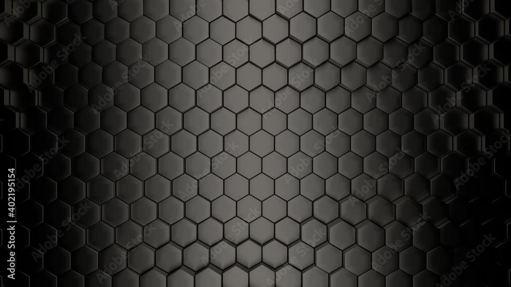 A screensaver of black metal hexagons moves and reflects light.