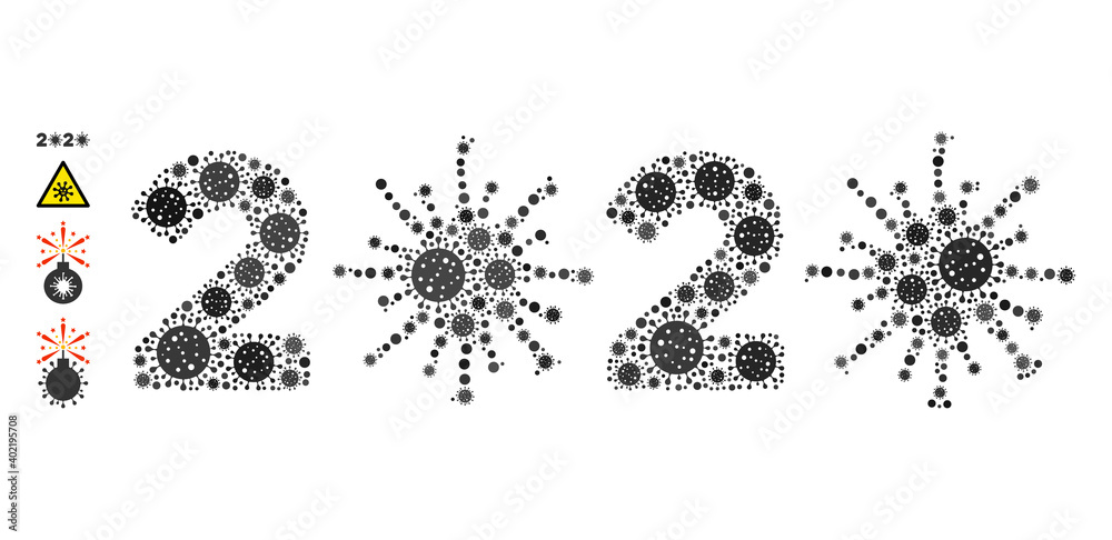 2020 virus year coronavirus mosaic icon. 2020 virus year collage is organized from random covid icons. Bonus icons are added. Flat style.