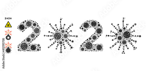 2020 virus year coronavirus mosaic icon. 2020 virus year collage is organized from random covid icons. Bonus icons are added. Flat style.