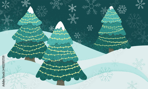 Christmas trees with lights outside in night where snowing vector illustration