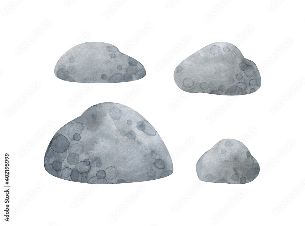Gray stones. Collection of watercolor clip art in cartoon style. Decorative pebbles isolated on white background for natural decor Gray stones. Collection of watercolor clip art in cartoon style. Decorative pebbles isolated on white background for natural decor