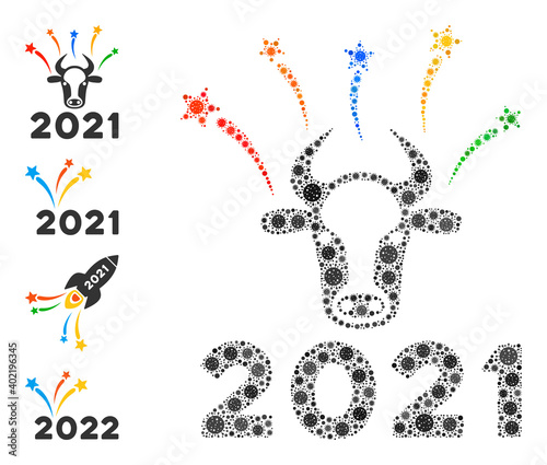 2021 bull fireworks covid virus mosaic icon. 2021 bull fireworks collage is designed from scattered pathogen pictograms. Bonus pictograms are added. Flat style.