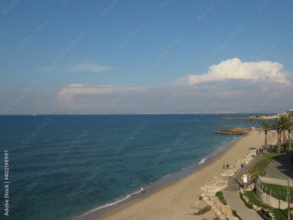 Beautiful view of the Mediterranean Sea and the Bat Galim promenade in winter in Haifa, Israel. The photo can be used as a banner for advertising. There is room for text.