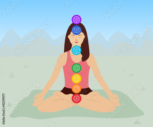 Stay at home and relax. Women in a lotus pose doing yoga exercises during quarantine. Meditation. Chakras: muladhara, swadhisthana, manipura, anahata, vishuddha, ajna, sahasrara. Hobby on isolation