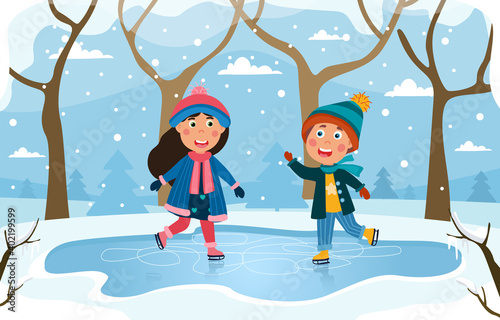 Two young children skating on a rink in a snowy winter park with a boy and girl smiling and waving, colored cartoon vector illustration