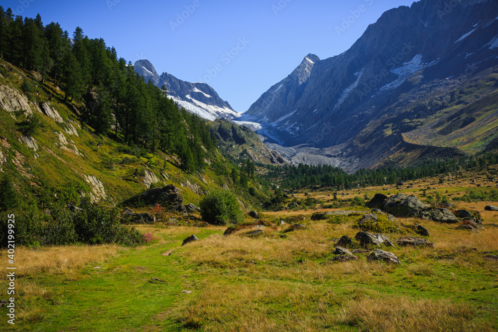 landscape in the lötschtal anenhütte with glacier in the background