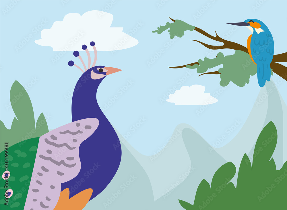 Naklejka premium peacock and bird at jungle landscape vector design