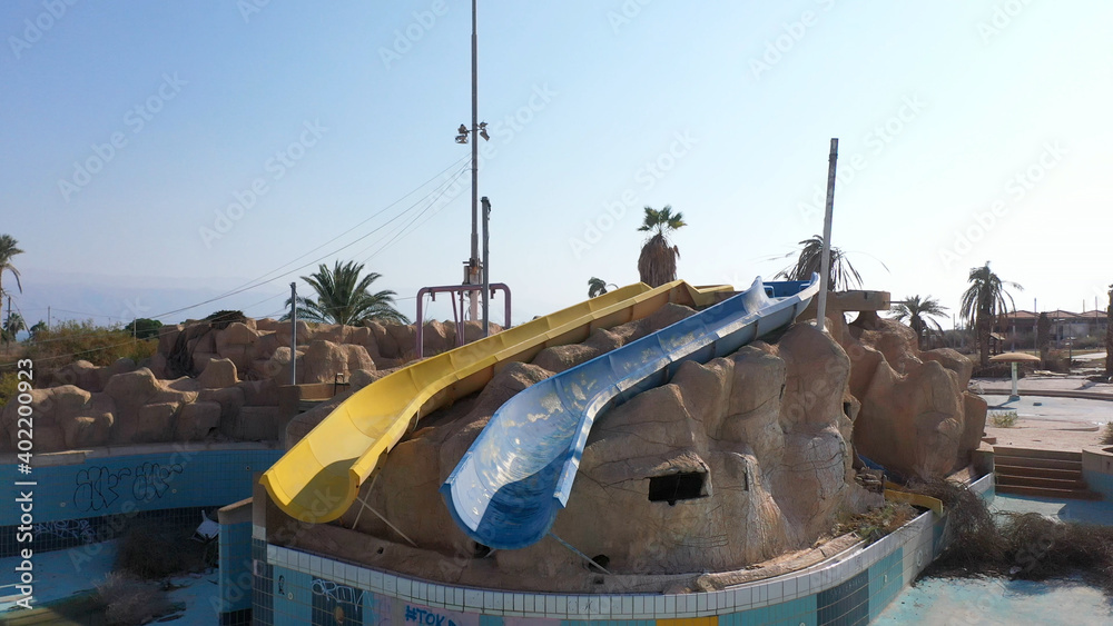 Closed Abandoned water park Aerial view, Dead sea, Israel
apocalyptic Vision From Israel Closeed for 20 years water park, Drone view 
