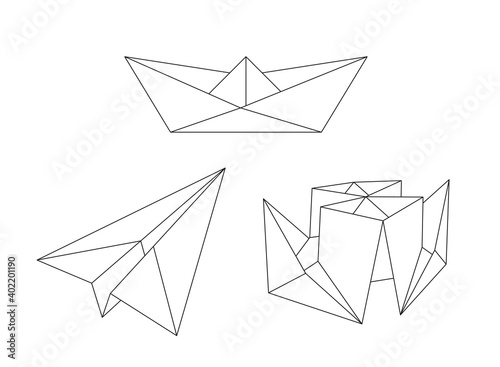 Black outline of origami shape: ship, boat and plane