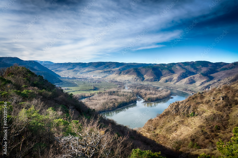 Wachau Valley and Danube river with a view to Weissenkirchen