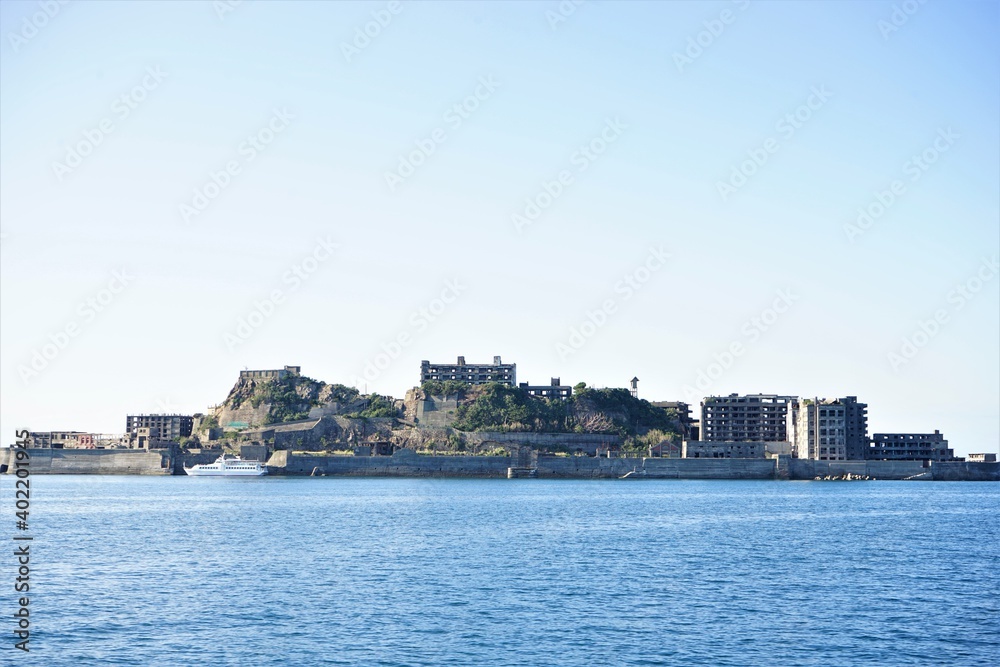 View of Gunkanjima or Battleship island, Ghost Island, from ferry boat in Nagasaki, Japan -  長崎 軍艦島