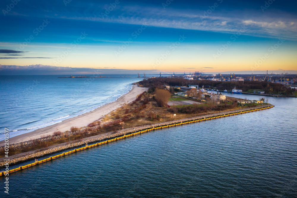 Aerial scenery of the Baltic Sea in New Port at sunset, Gdansk. Poland