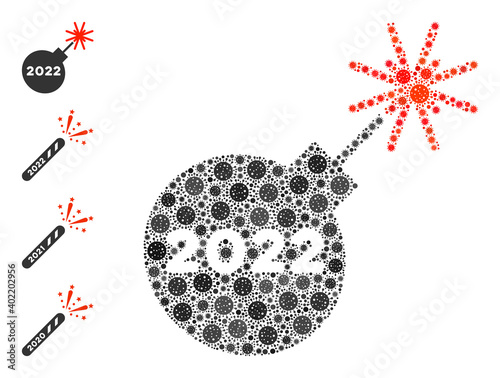 2022 petard covid virus mosaic icon. 2022 petard collage is organized with randomized viral pictograms. Bonus pictograms are added. Flat style.