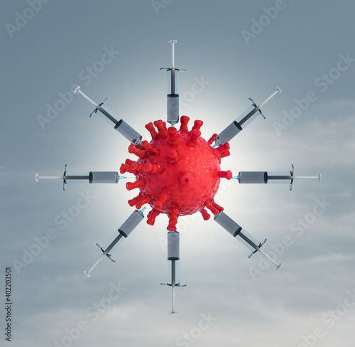 Vaccination a coronavirus influenza using the syringe injected inside the virus in the blue sky. Protection against ''2019-nCoV'' or infectious epidemic risk or stop spread concept. 3D illustration