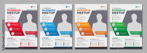 Corporate annual conference or meetup promotion flyer template. Professional business poster design for company workshop & training. Marketing cover layout with official logo & geometric shape.