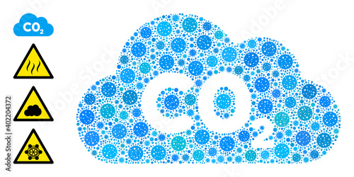 CO2 gas cloud covid mosaic icon. CO2 gas cloud collage is organized from scattered infection pictograms. Bonus pictograms are added. Flat style.