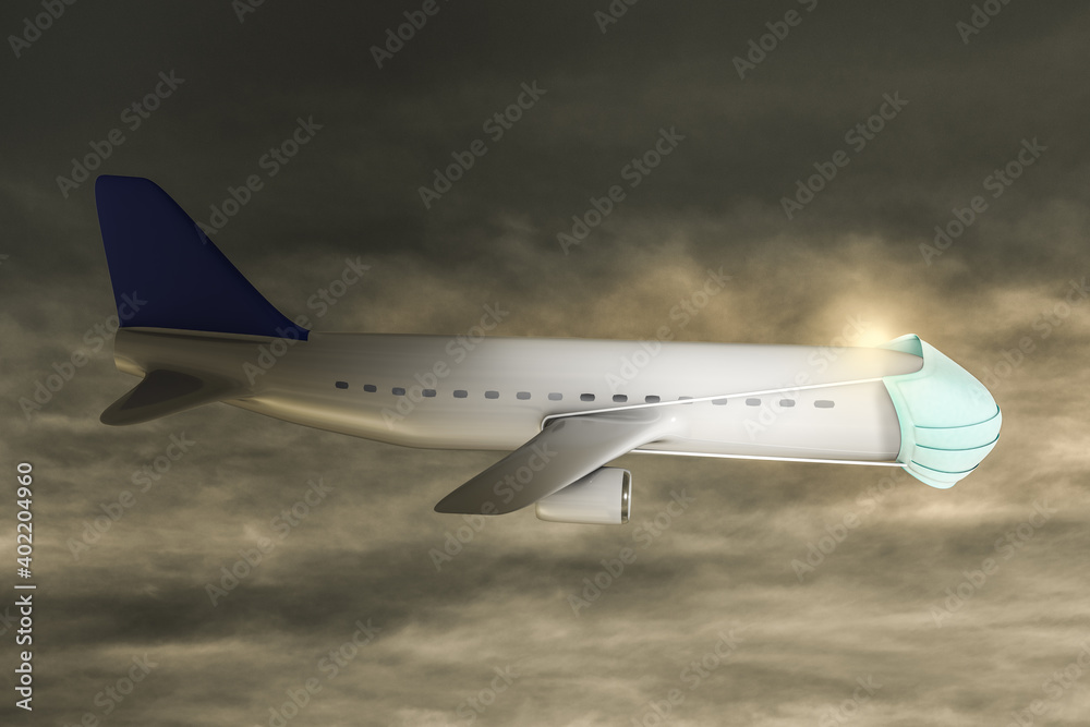 Airplane wearing a mask flying in dramatic clouds in sunset. Protection against coronavirus virus and grip or travel and the spread of the disease or CoV spread around the world. 3D illustration