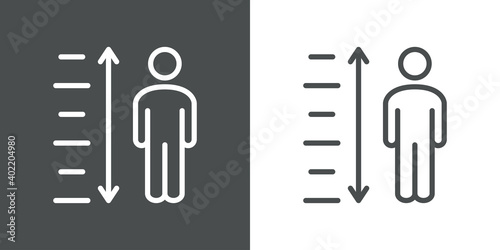 Medir la altura. Icono silueta hombre con regla y flechas con lineas en fondo gris y fondo blanco
