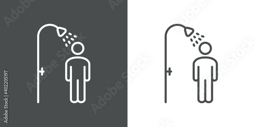Aseo personal. Icono silueta hombre en la ducha con lineas en fondo gris y fondo blanco photo