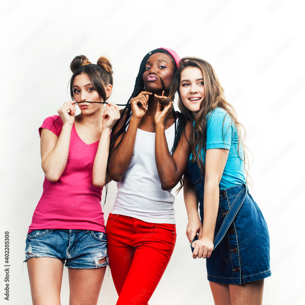 diverse multi nation girls group, teenage friends company cheerful having fun, happy smiling, cute posing isolated on white background, lifestyle people concept, african-american and caucasian diverse multi nation girls group, teenage friends company cheerful having fun, happy smiling, cute posing isolated on white background, lifestyle people concept, african-american and caucasian