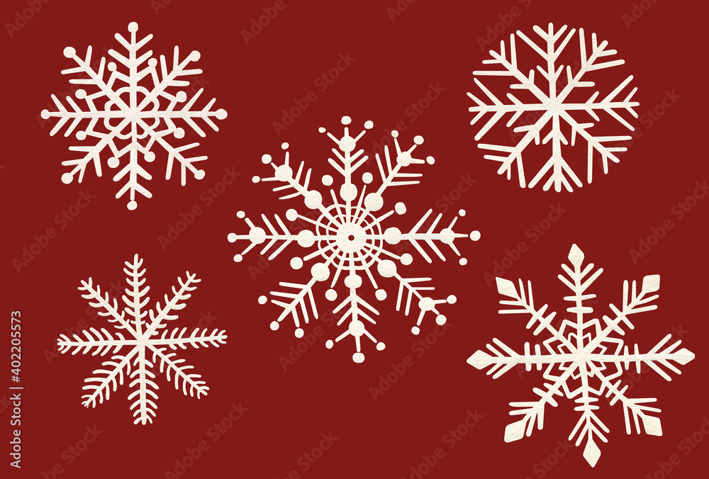 Set of watercolor snowflakes on red background