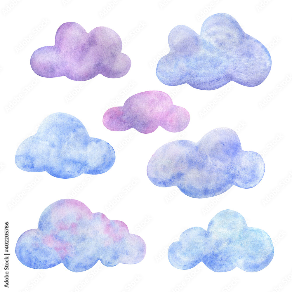 Fototapeta premium Watercolor cloud in a soft pink and lilac shade. Cute illustrations for sky design isolated on white background. Clipart of a natural phenomenon in a children's style. Set of clouds