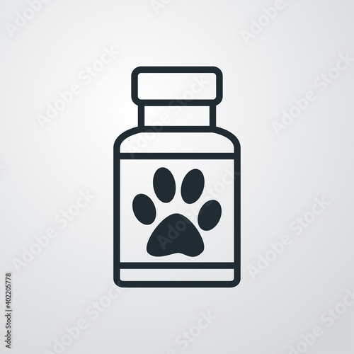 Asistencia sanitaria para mascotas. Logotipo bote de medicinas con zarpa de gato en fondo gris