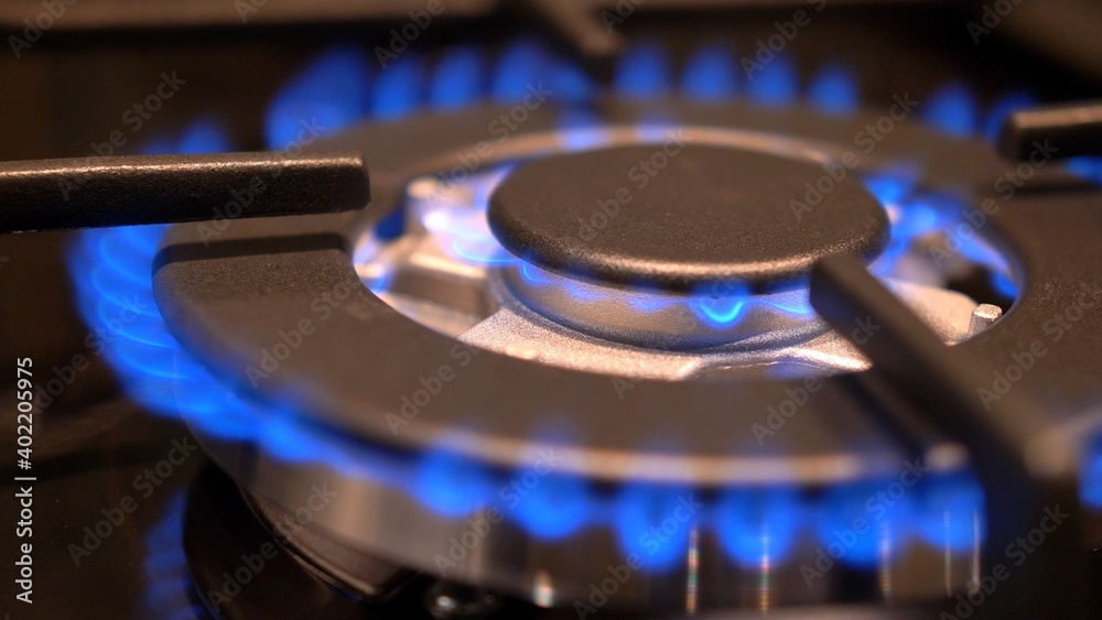 Gas Stove Turned On and Off with Blue Flames Fire in the Dark Gas Stove Turned On and Off with Blue Flames Fire in the Dark