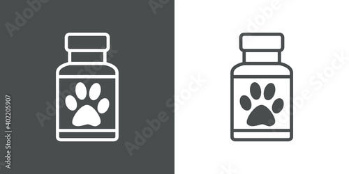 Asistencia sanitaria para mascotas. Logotipo bote de medicinas con zarpa de gato en fondo gris y fondo blanco