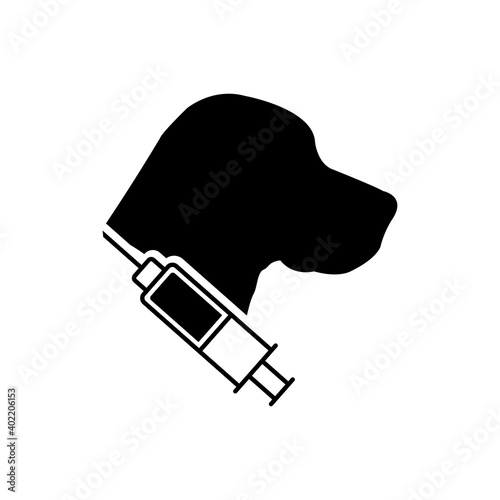 Vacuna. Asistencia sanitaria para mascotas. Logotipo silueta de cabeza de perro con jeringuilla en color negro