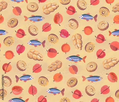 Jewish food seamless pattern, traditional jewish cuisine, 
endless background. Print for fabrics, wrapping paper, textile design